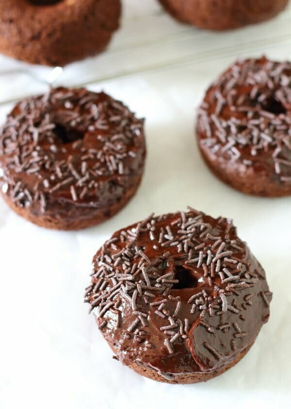 Baked Chocolate Doughnuts Recipe - Soft and fluffy and thickly frosted with a rich mocha ganache, they make getting out of bed worthwhile!