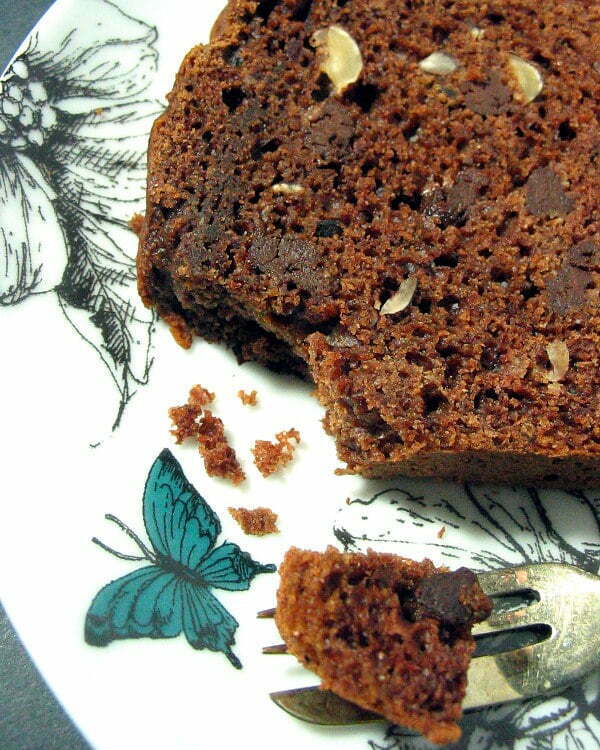 Bite of hazelnut chocolate chip quick bread - a quick bread that tastes like an indulgent slice of cake.