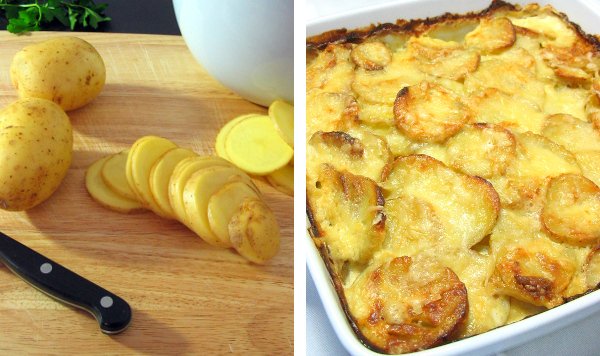 Potato slices and garlic cheesy potatoes.