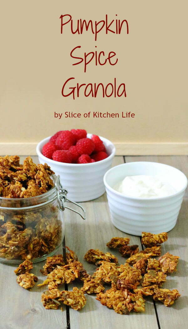 Pumpkin Spice Granola Recipe - Chewy clusters of pumpkin spice granola - sweetened with honey, and full of delicious ingredients like toasted coconut flakes, oats and sunflower seeds. | sliceofkitchenlife.com