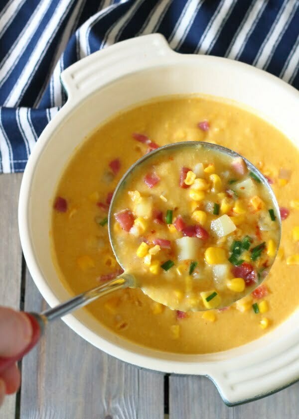 Smoky Bacon and Sweet Corn Chowder Recipe - comforting, hearty and filling, it's a great winter warmer! Only seven ingredients.