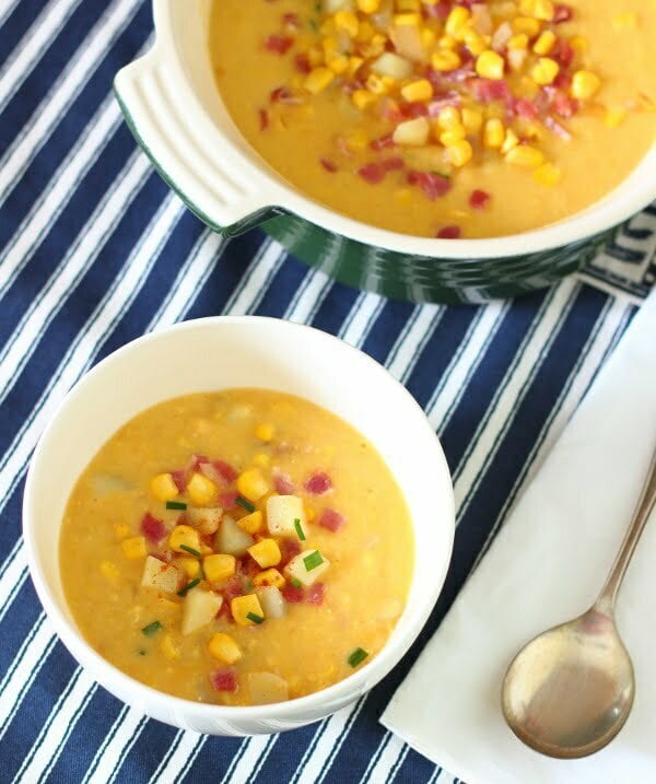 Smoky Bacon and Sweet Corn Chowder Recipe - comforting, hearty and filling, it's a great winter warmer! Only seven ingredients. | sliceofkitchenlife.com