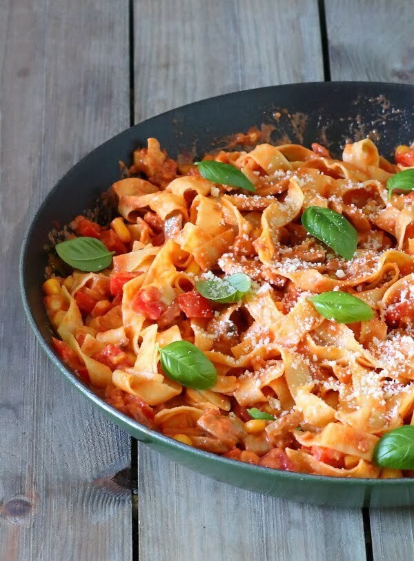 Spicy Chorizo and Red Pepper Pasta Recipe - Creamy, cheesy and packed full of veggies, this pasta dish is warming, comforting and oh so tasty!
