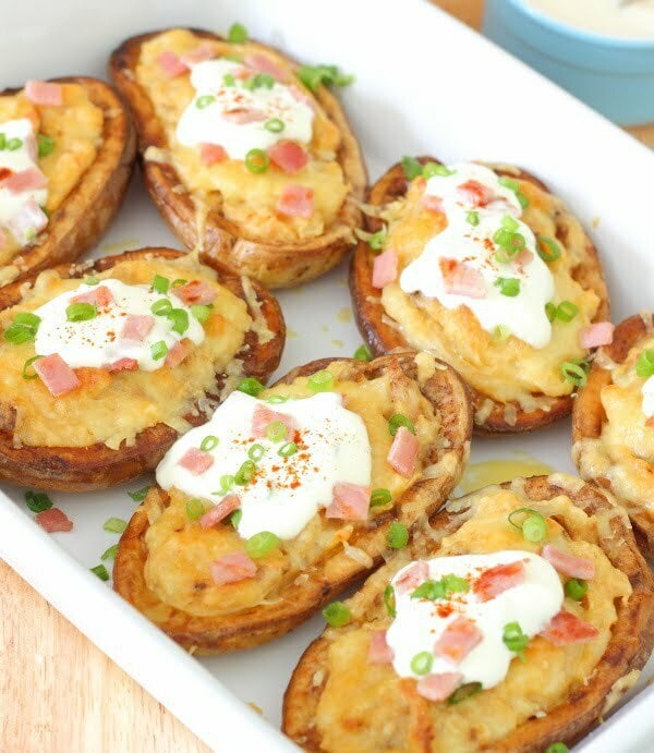 Twice-Baked Potato Skins with Chipotle, Garlic & Cheese Recipe - Creamy, crispy and impossible to resist! | sliceofkitchenlife.com