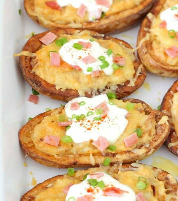 Twice-Baked Potato Skins with Chipotle, Garlic & Cheese Recipe - Creamy, crispy and impossible to resist!